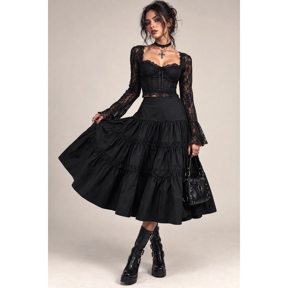 Lulus Darling Flourish Tiered Midi Skirt Size L Black High A-Line Victorian Goth
